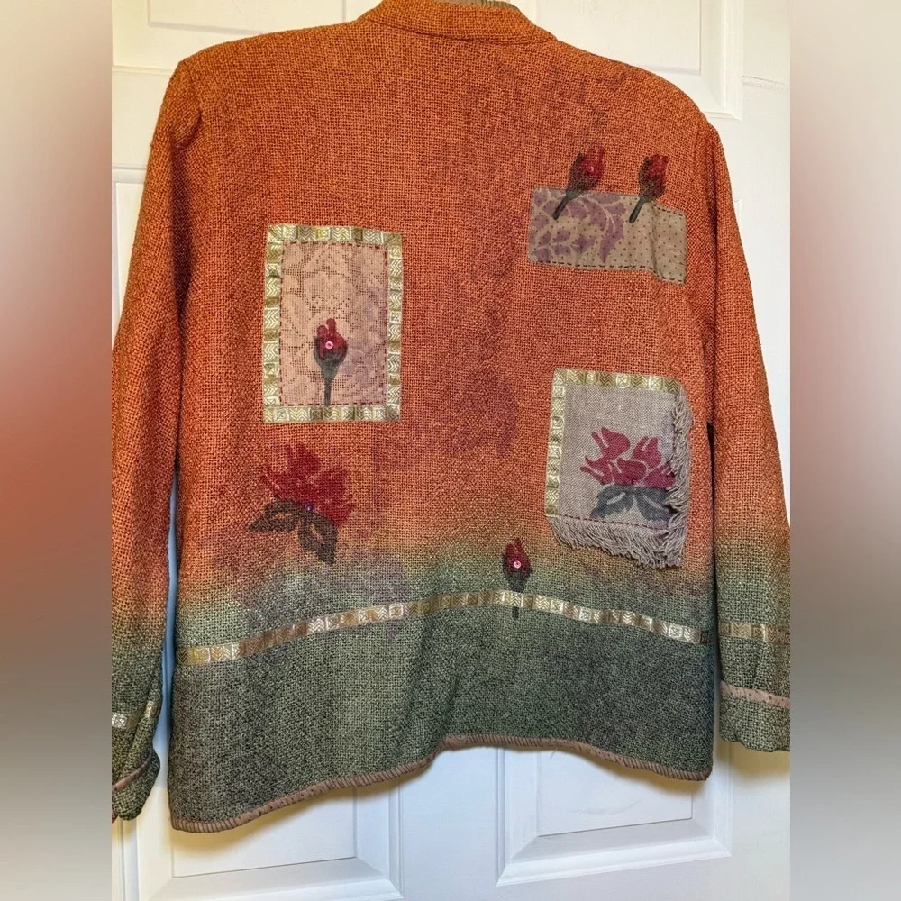 Flashback Orange & Tan Floral Patchwork Vintage Jacket Medium Fringe Boho Burlap